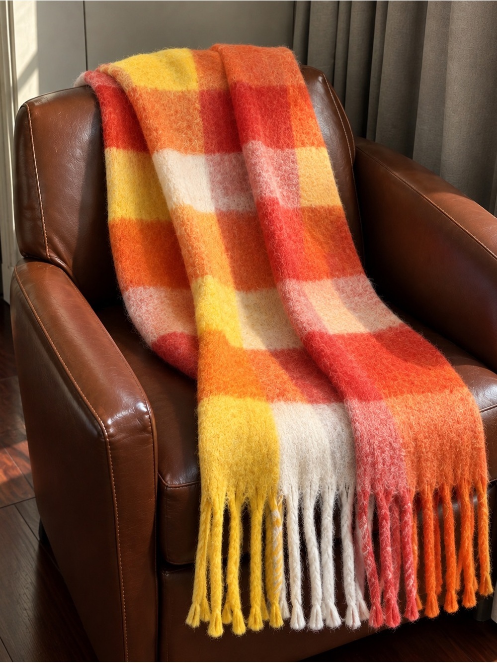 Vibrant Red, White & Yellow Mohair Scarf – 82.7x15.7 in